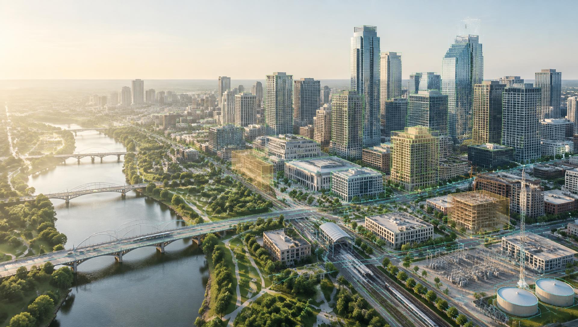 A downtown digital twin showing buildings, transit, bridges, utilities and geospatial infrastructure layers